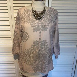 Kenar Blush Pink Gray Boho Patterned 3/4 sleeve pink/gray top